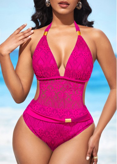 Rosewe Halter Sheer Rose Red Lace One Piece Swimwear - S