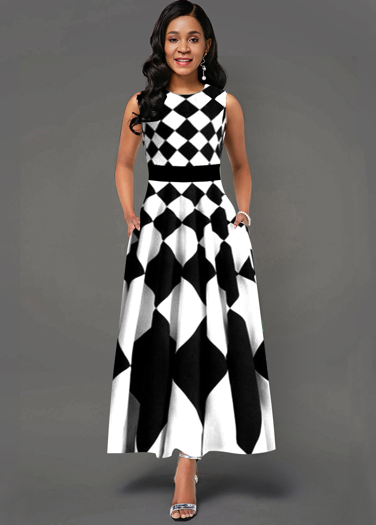 Sleeveless Geometric Print Side Poclket Maxi Dress