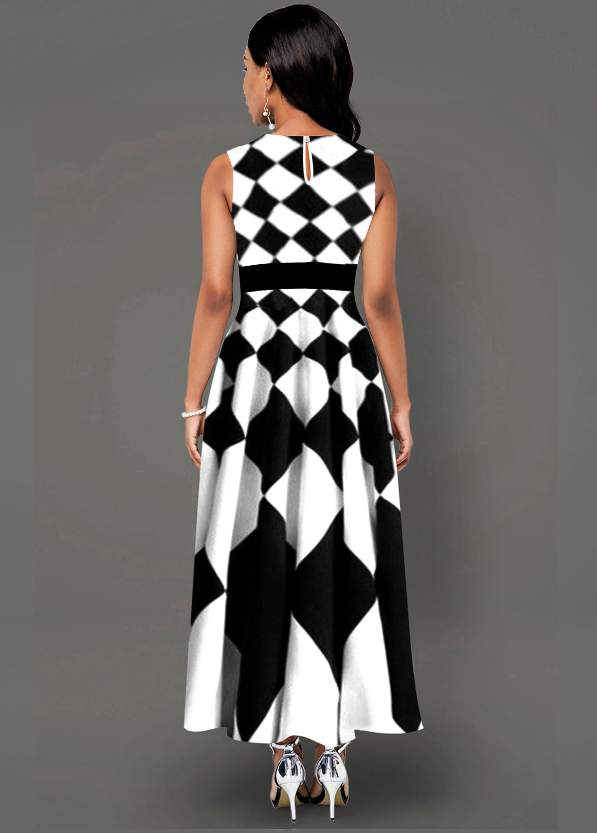 Sleeveless Geometric Print Side Poclket Maxi Dress