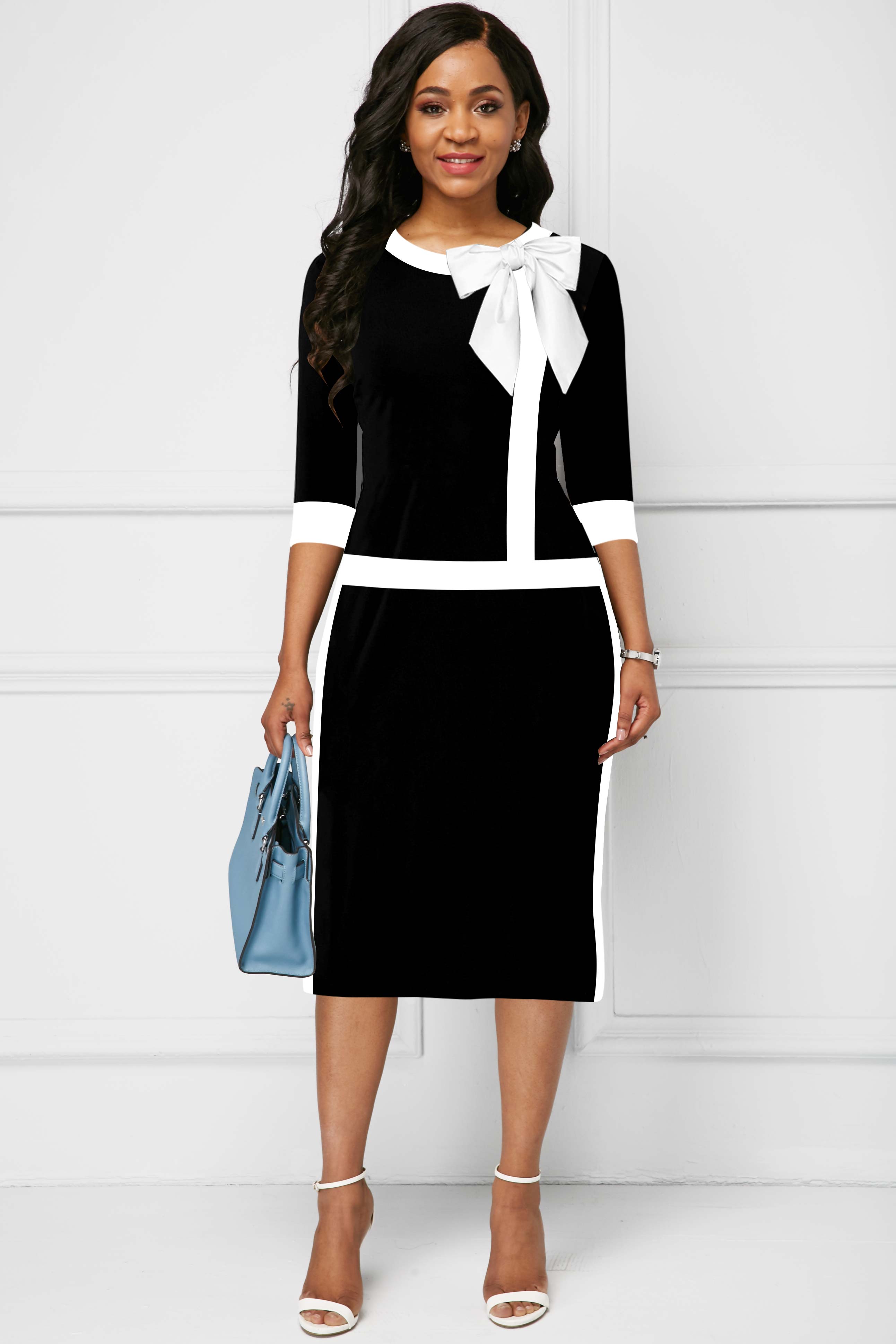 Bowknot Contrast Piping 3/4 Sleeve Dress