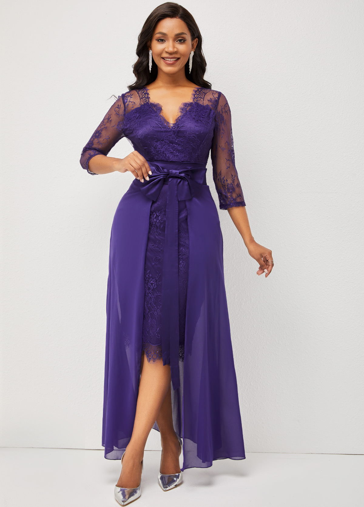 3/4 Sleeve Purple Multiway Lace Patchwork Dress