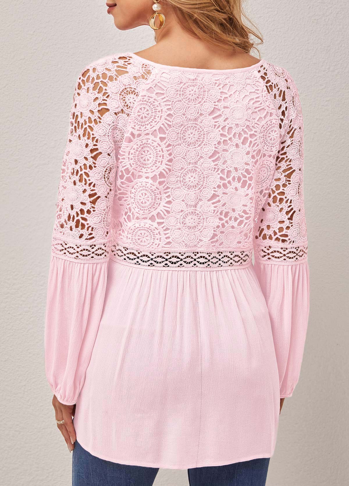 Lace Stitching Tassel Asymmetric Neck Pink Blouse