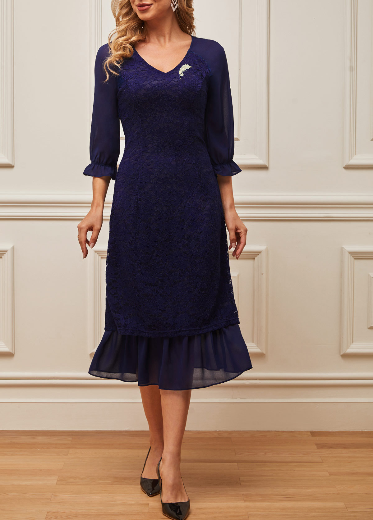 Navy Blue Lace Patchwork V Neck Dress