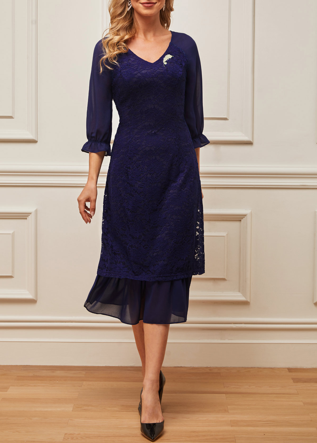 Navy Blue Lace Patchwork V Neck Dress