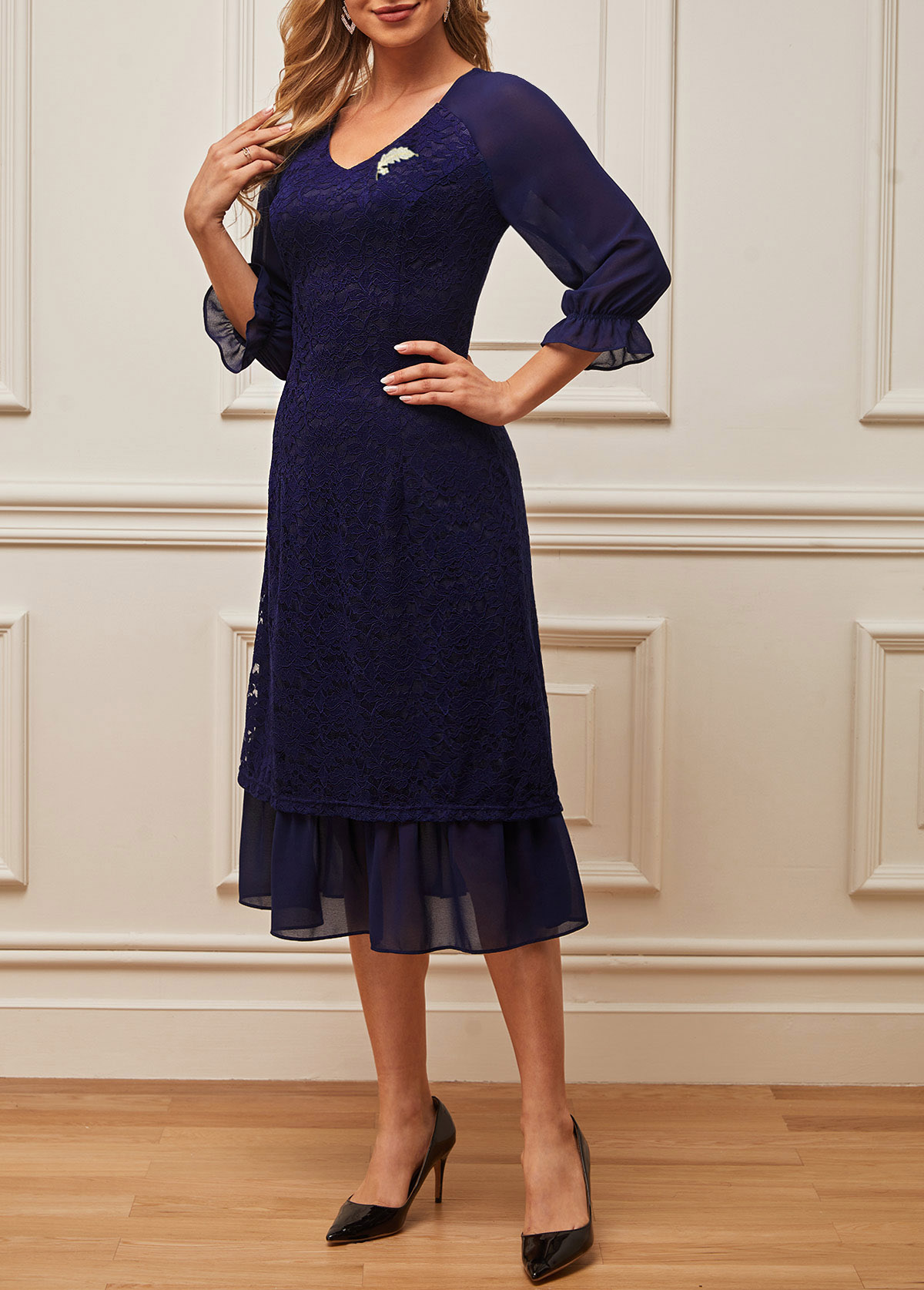 Navy Blue Lace Patchwork V Neck Dress