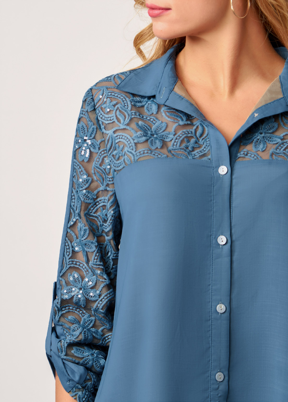 Mesh Stitching Embroidered Sequin Denim Blue Blouse