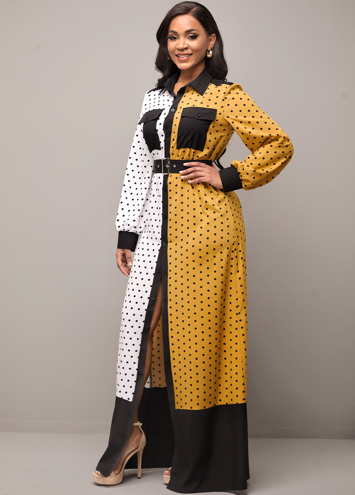 Pocket Polka Dot Color Block Belted Dress