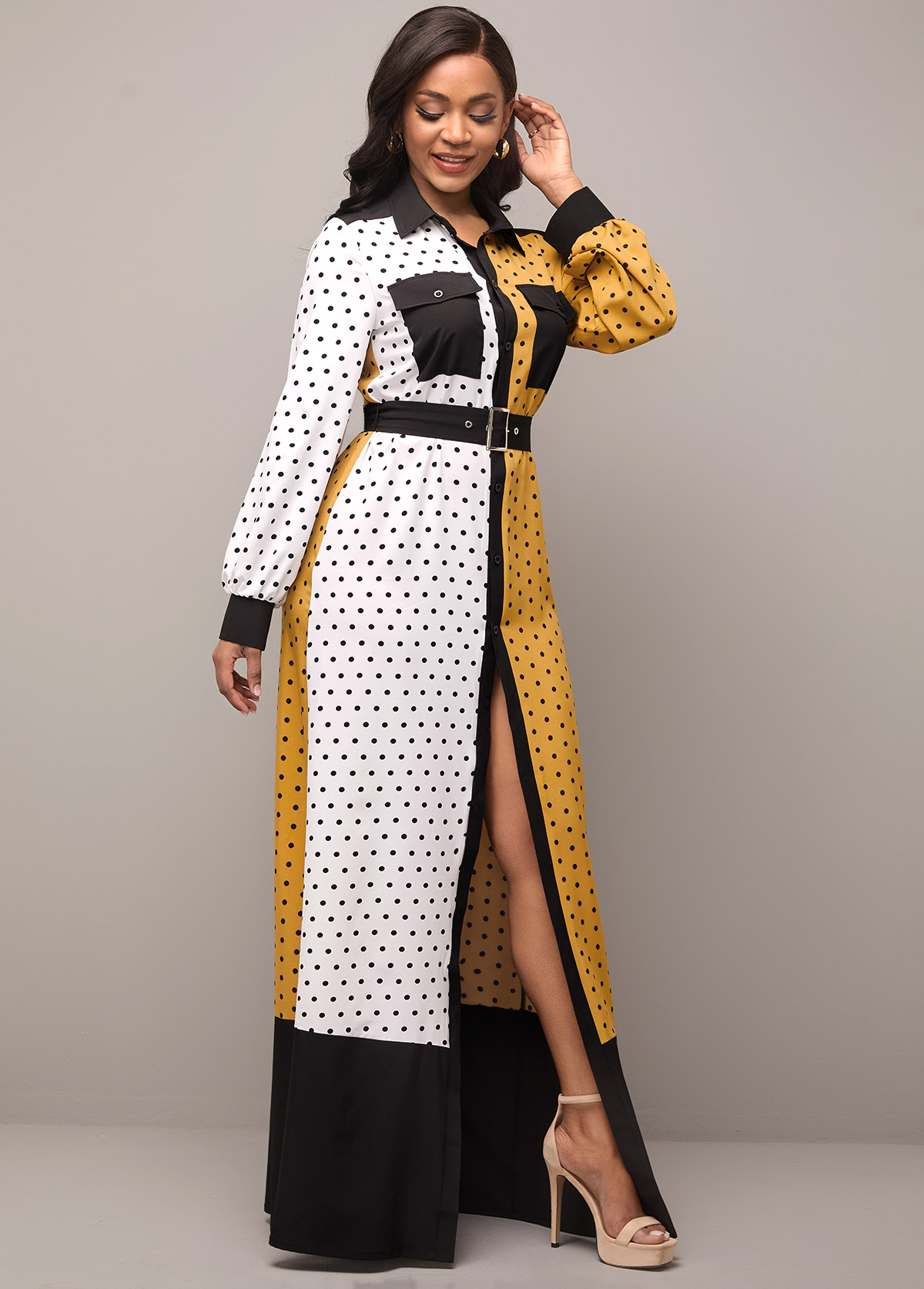 Pocket Polka Dot Color Block Belted Dress