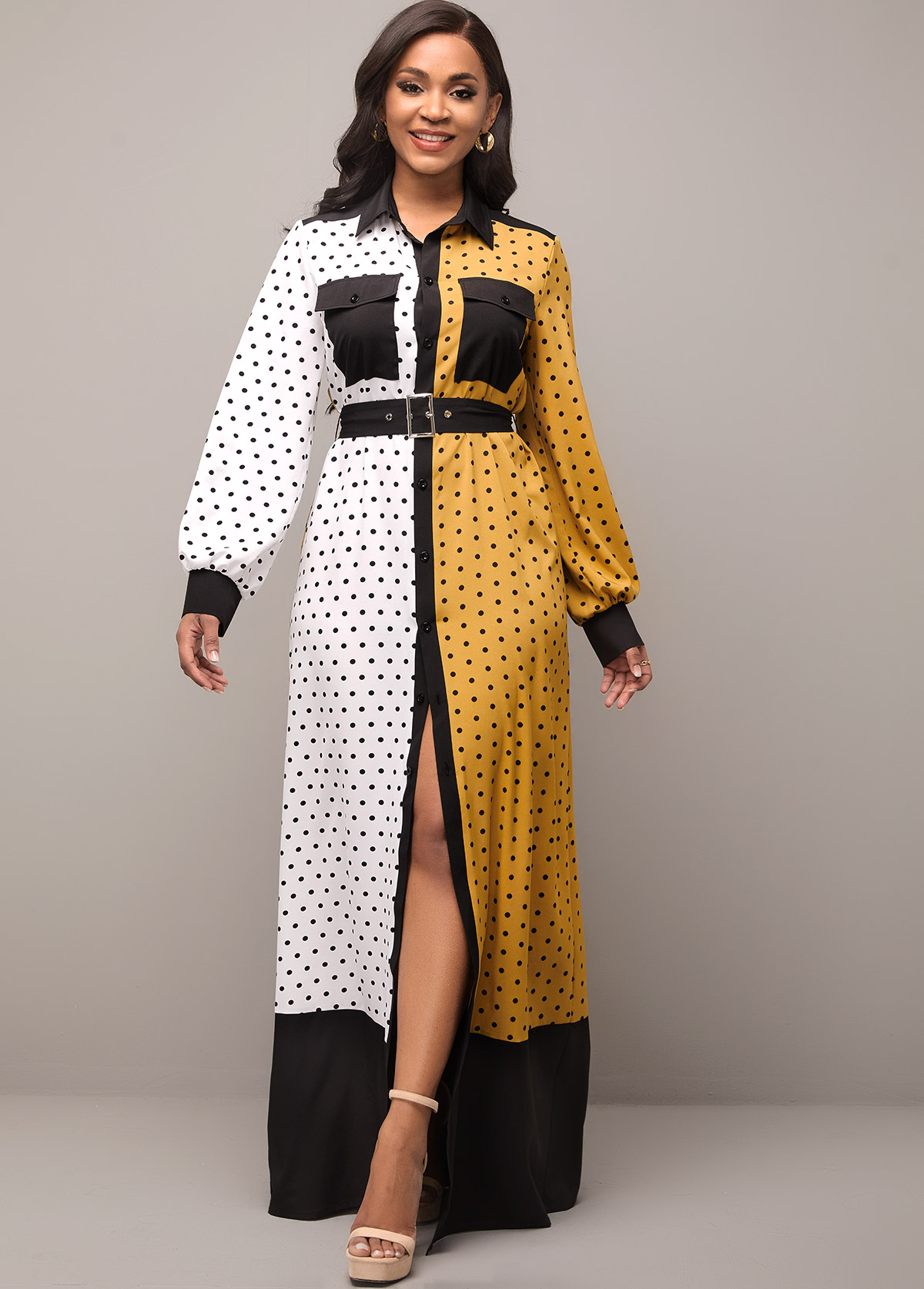 Pocket Polka Dot Color Block Belted Dress