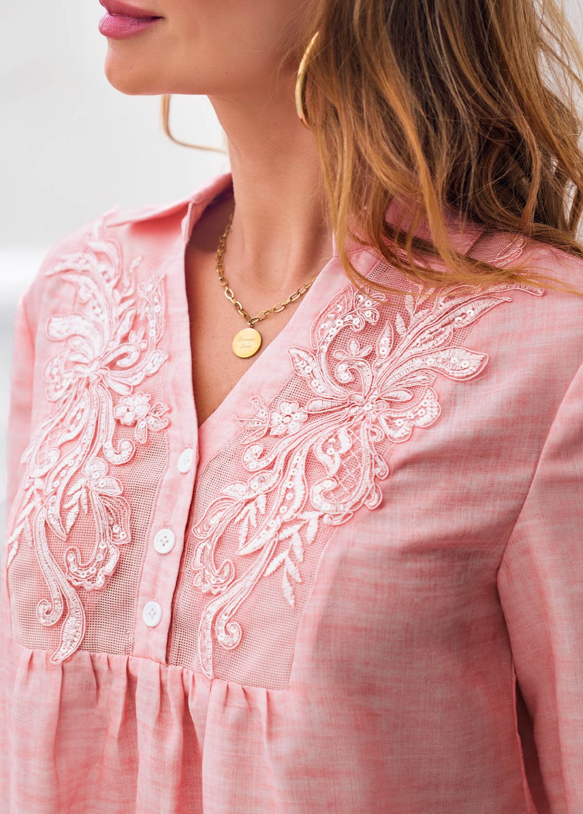 Lace Stitching Pink 3/4 Sleeve Blouse