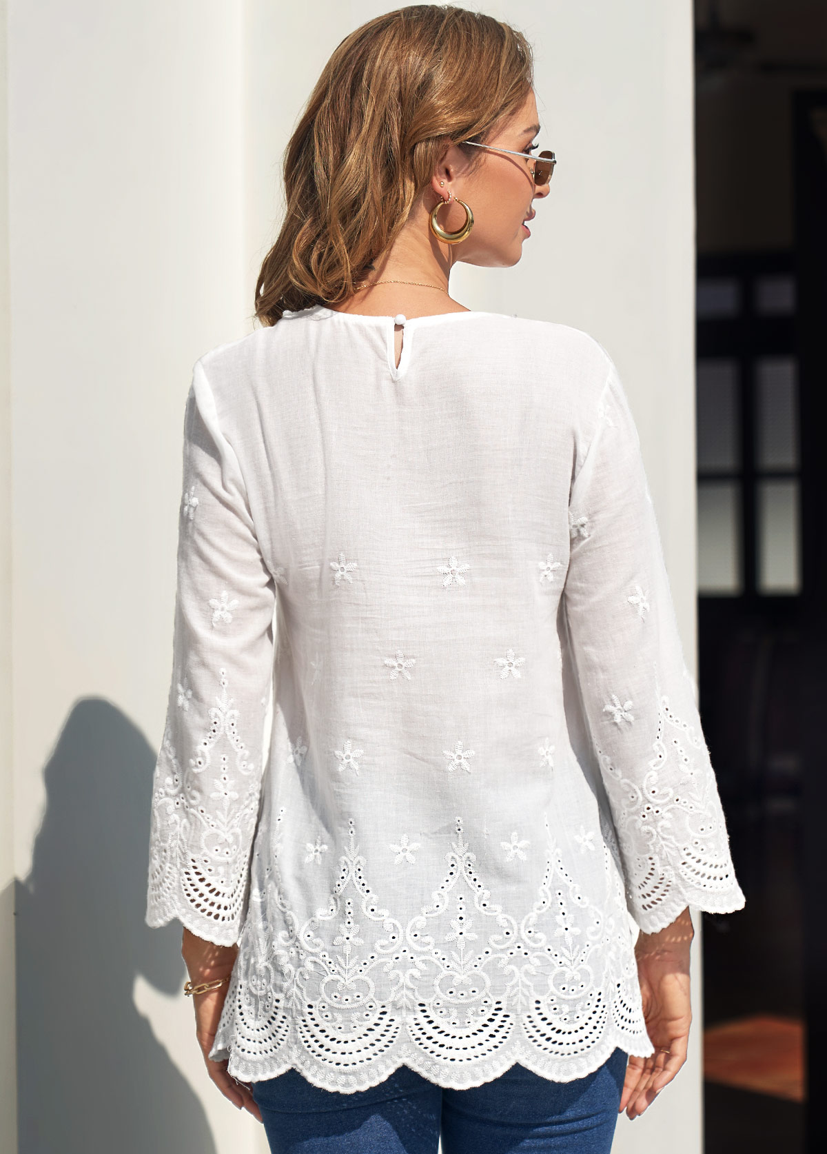 White Lace Stitching Split Neck Hollow Embroidery Blouse