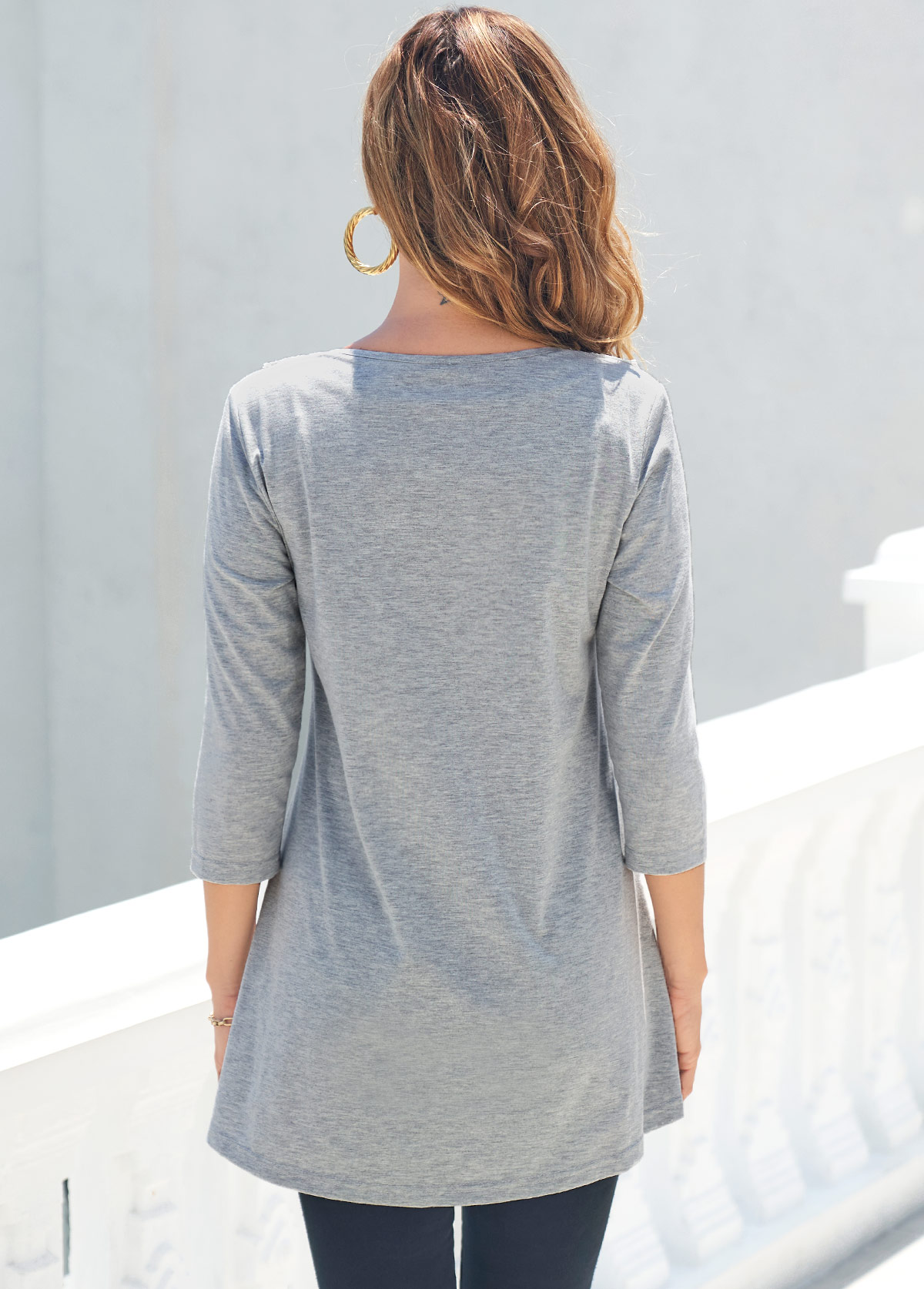 Lace Stitching Grey 3/4 Sleeve T Shirt