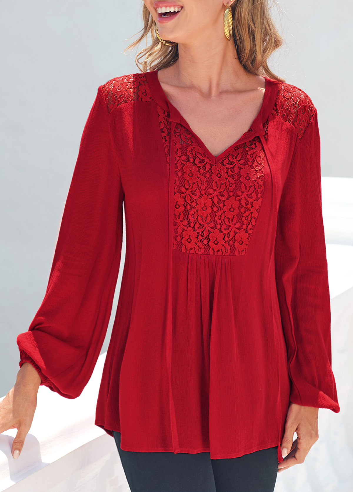 Lace Stitching Red Long Sleeve T Shirt