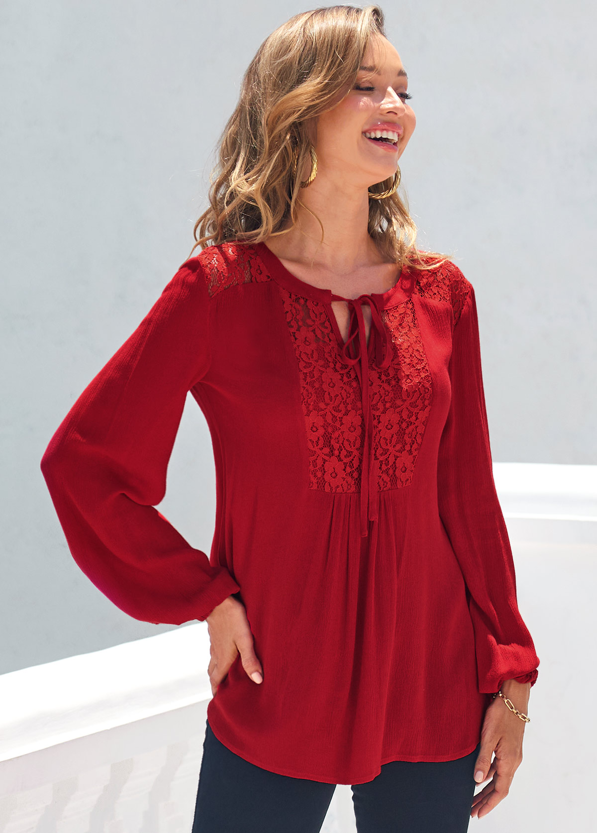 Lace Stitching Red Long Sleeve T Shirt