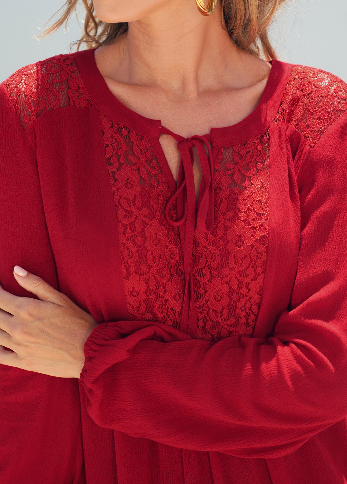 Lace Stitching Red Long Sleeve T Shirt