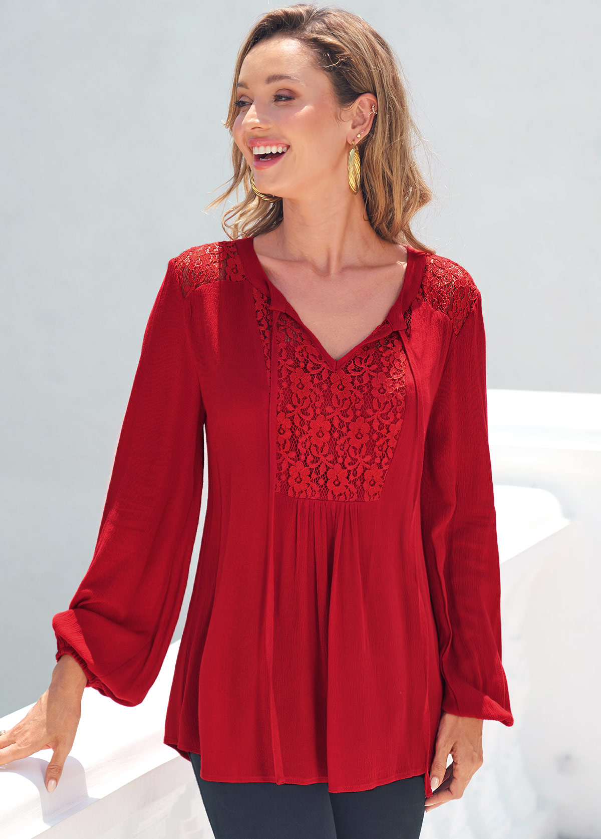 Lace Stitching Red Long Sleeve T Shirt
