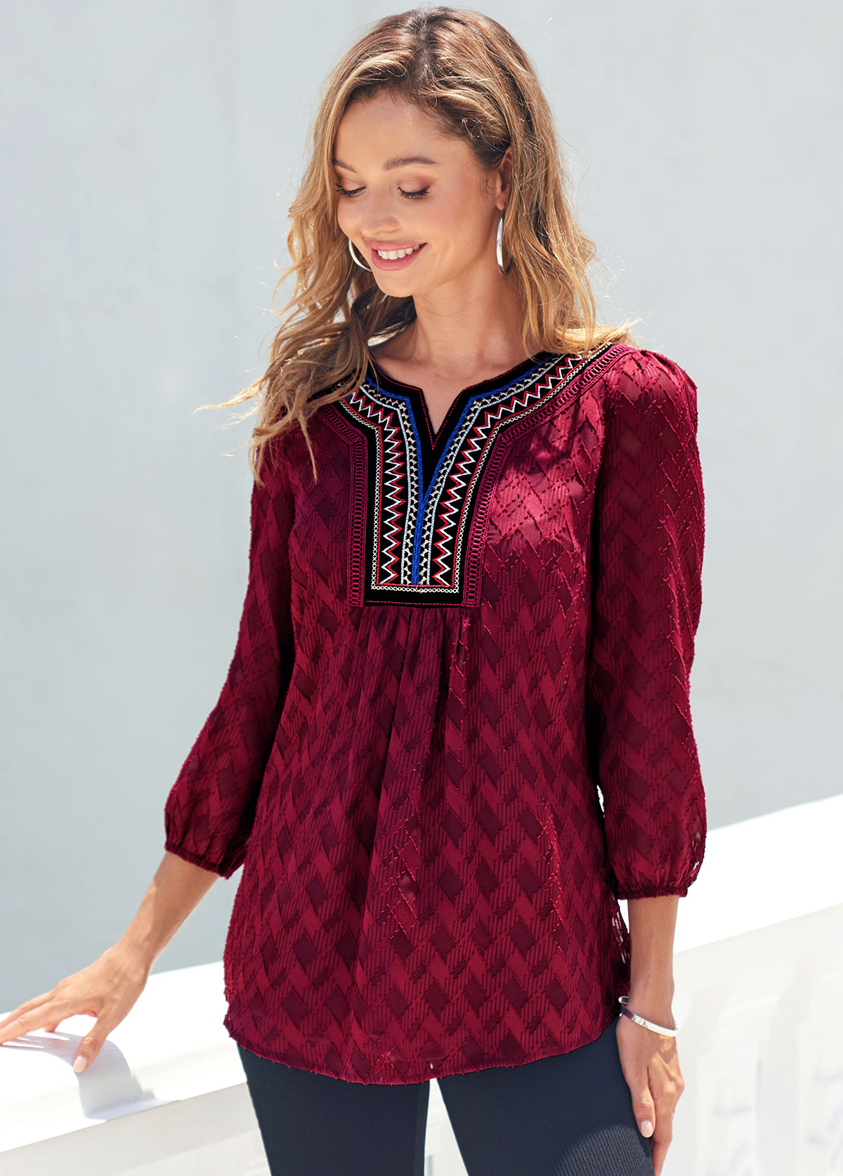 Wine Red Textured Fabric Split Neck Blouse