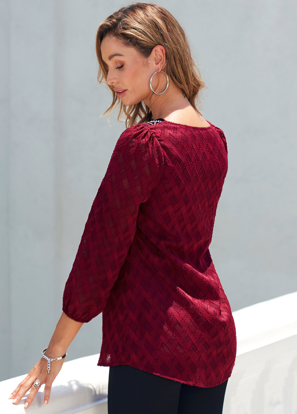 Wine Red Textured Fabric Split Neck Blouse