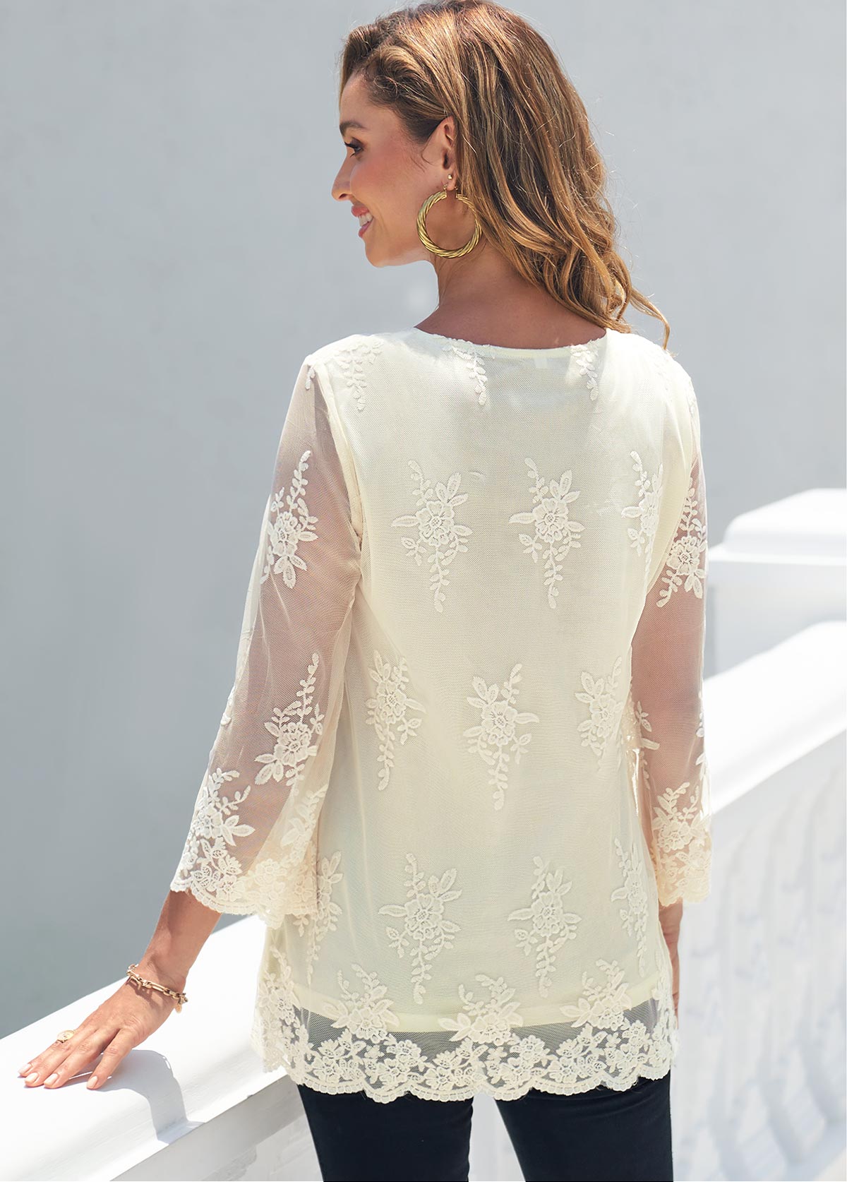 Beige Mesh Embroidered 3/4 Sleeve Blouse