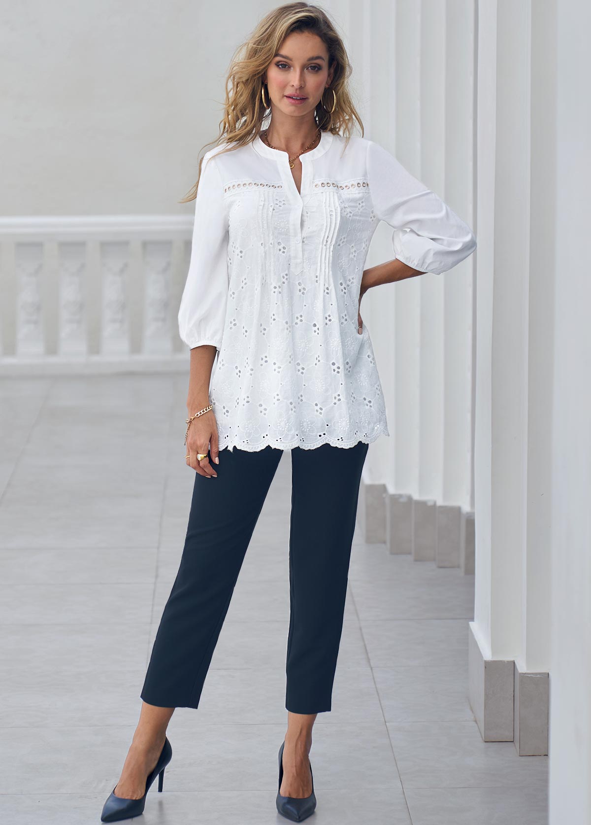 Hollow Out Split Neck White Embroidered Blouse