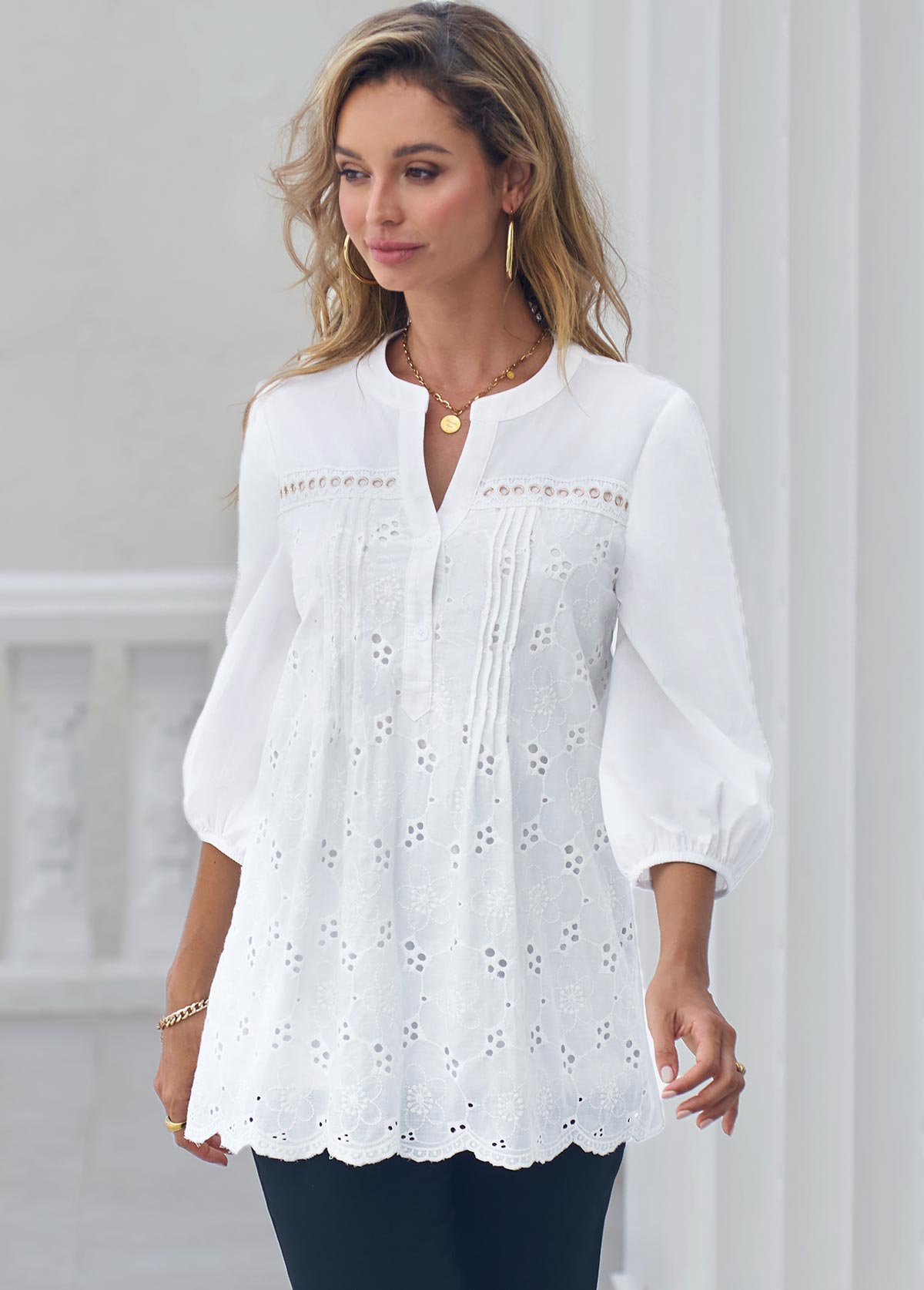 Hollow Out Split Neck White Embroidered Blouse