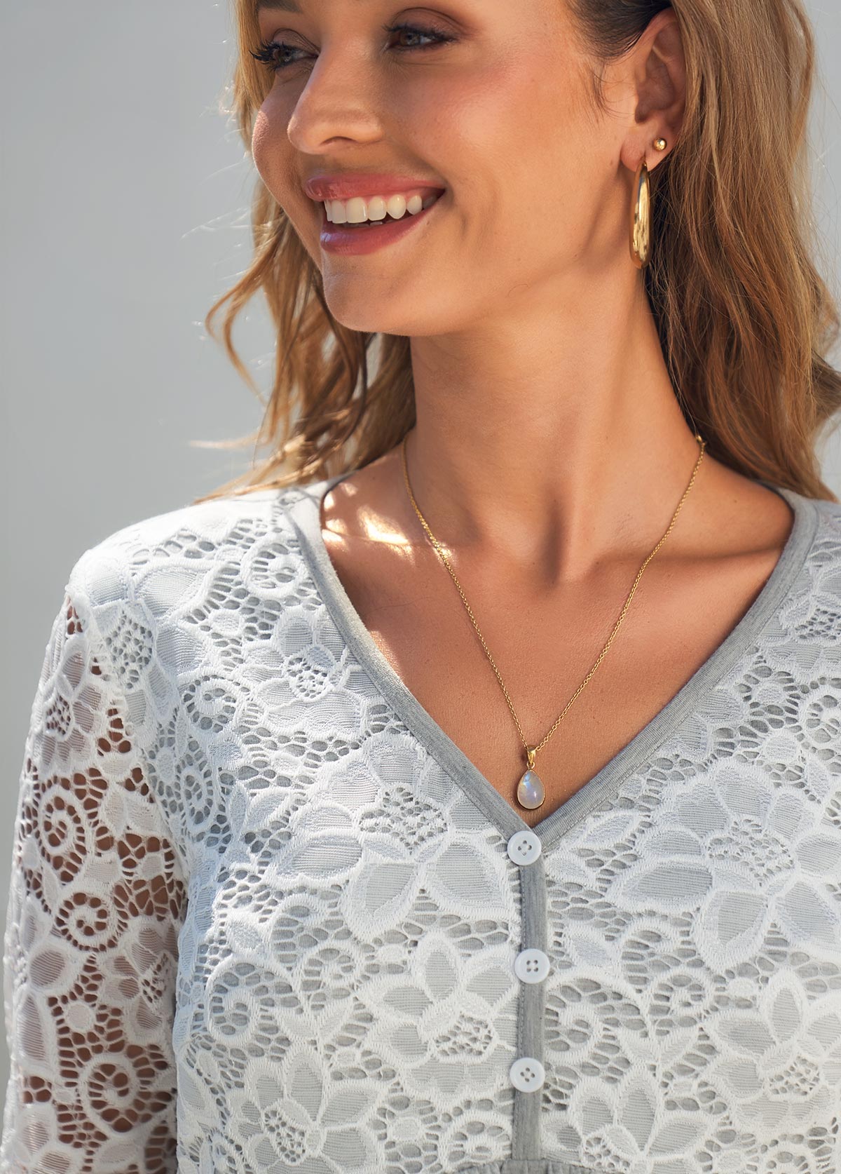 Lace Stitching Grey Marl V Neck T Shirt