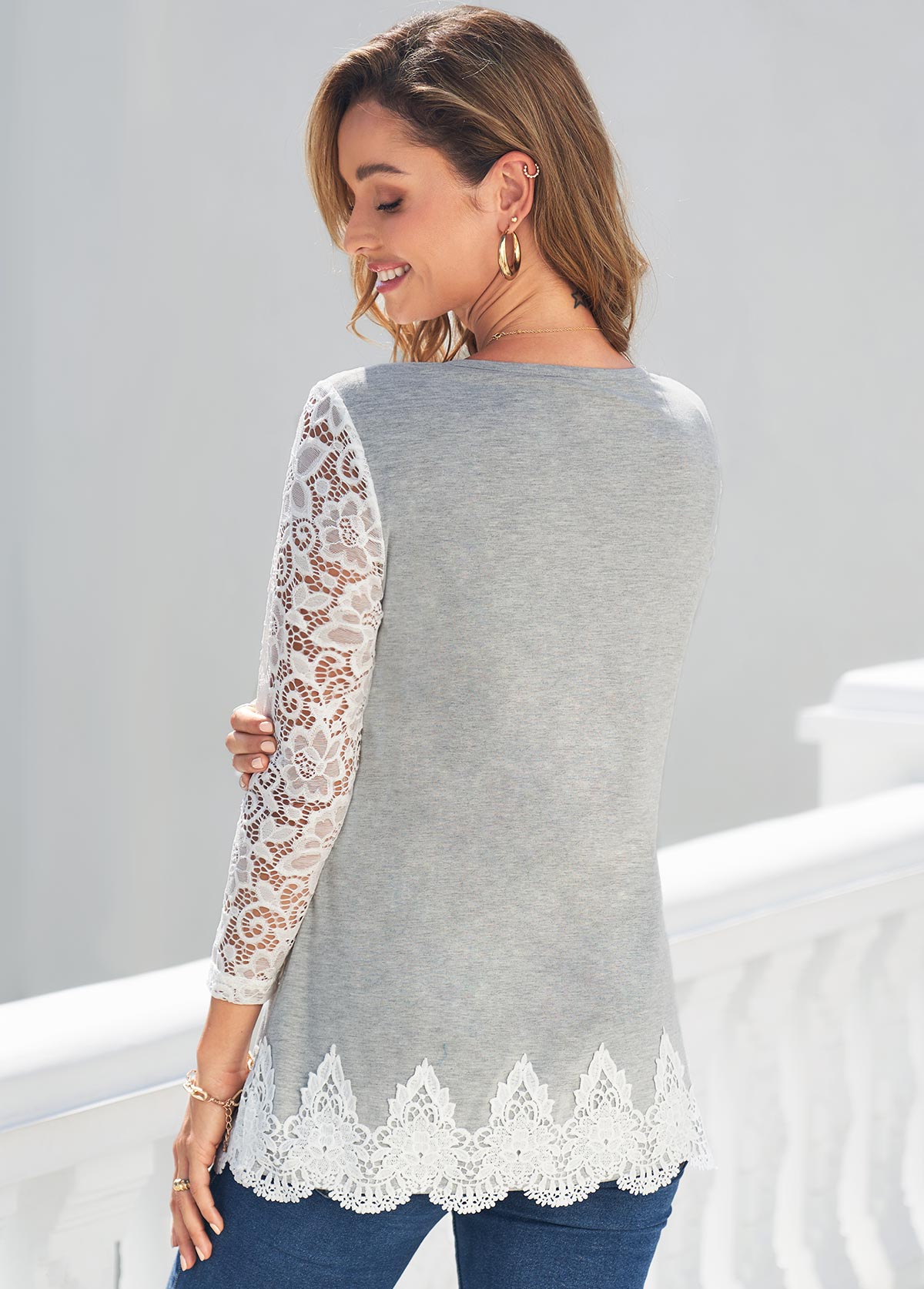 Lace Stitching Grey Marl V Neck T Shirt