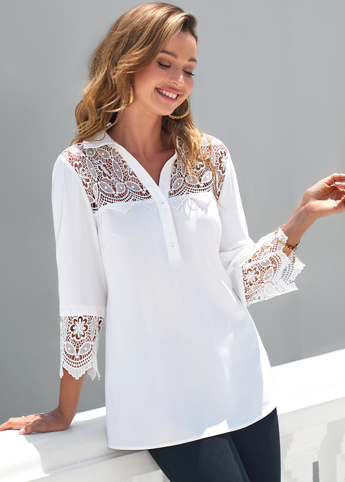 Lace Patchwork White Turndown Collar 3/4 Sleeve Blouse