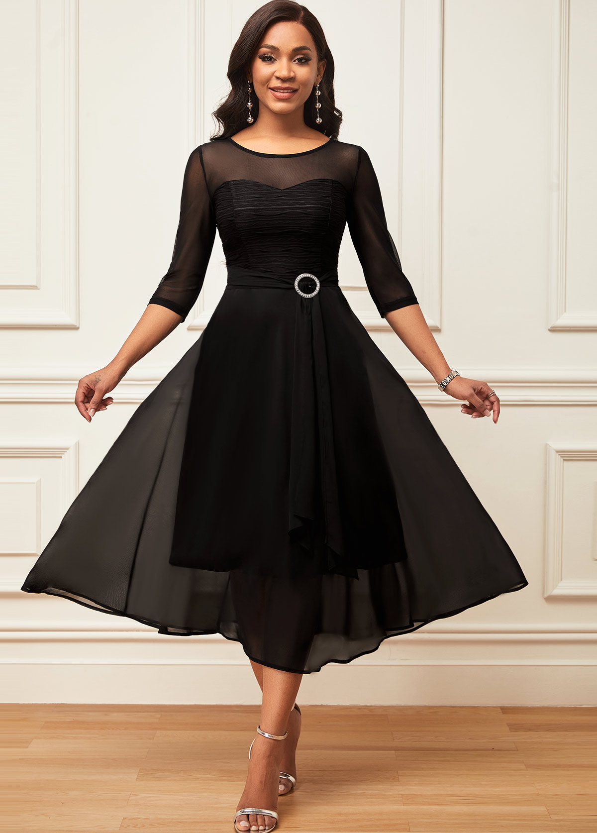 Layered Hem Chiffon 3/4 Sleeve Black Dress
