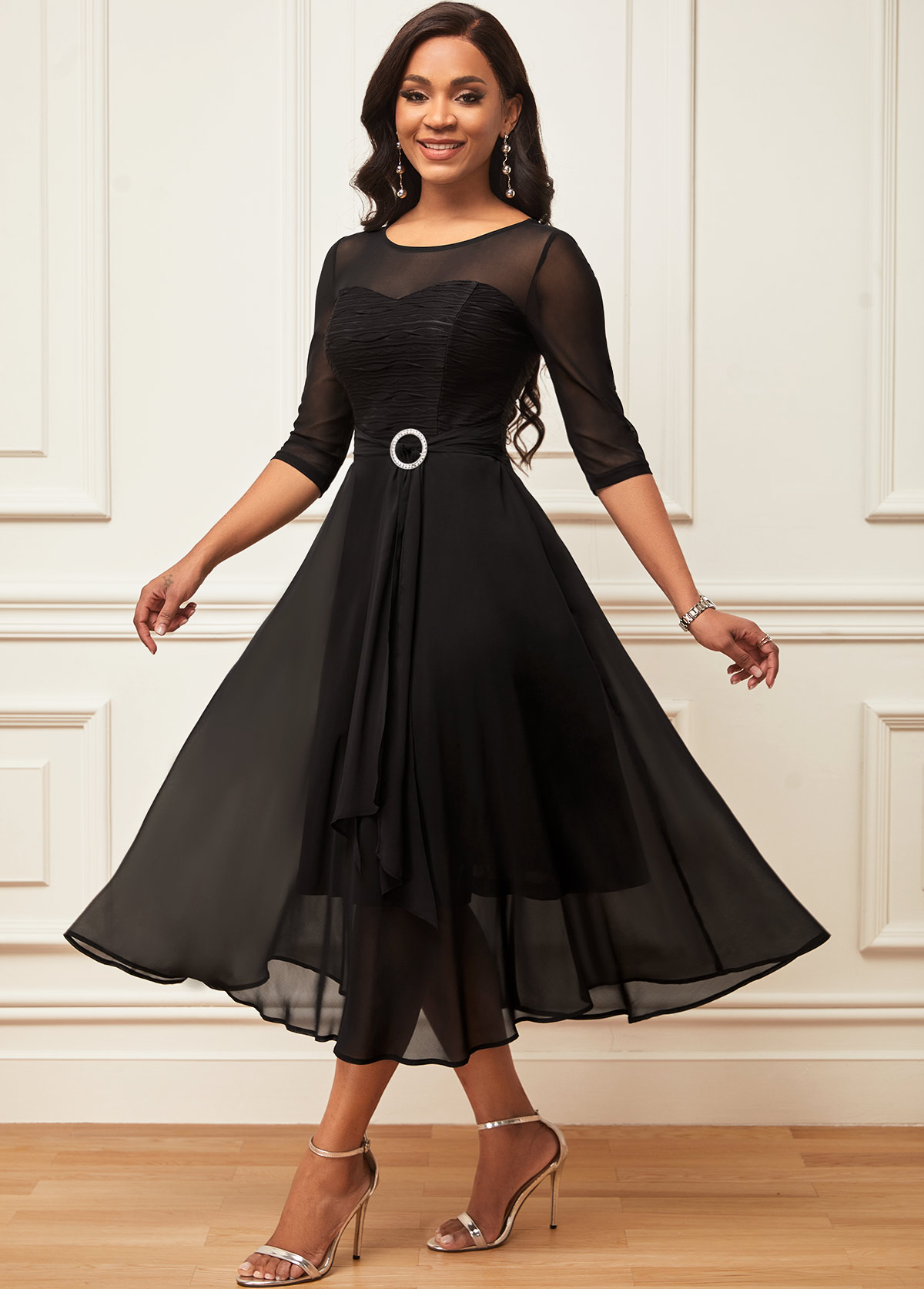 Layered Hem Chiffon 3/4 Sleeve Black Dress