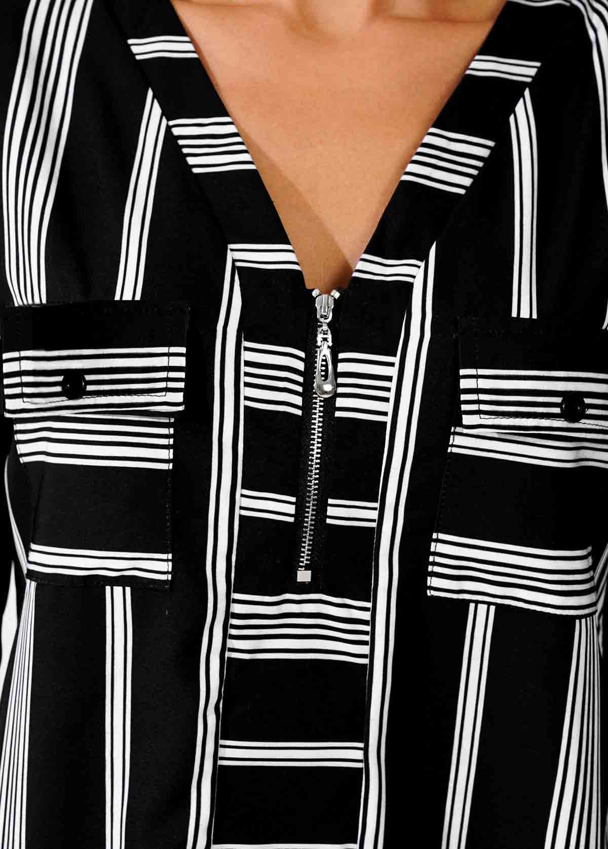 Striped Color Block Zipper Detail V Neck Blouse