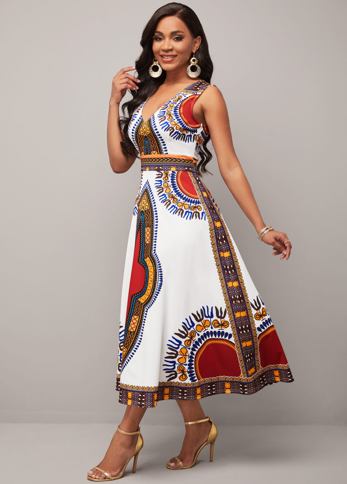 White Dashiki Print V Neck Sleeveless Dress