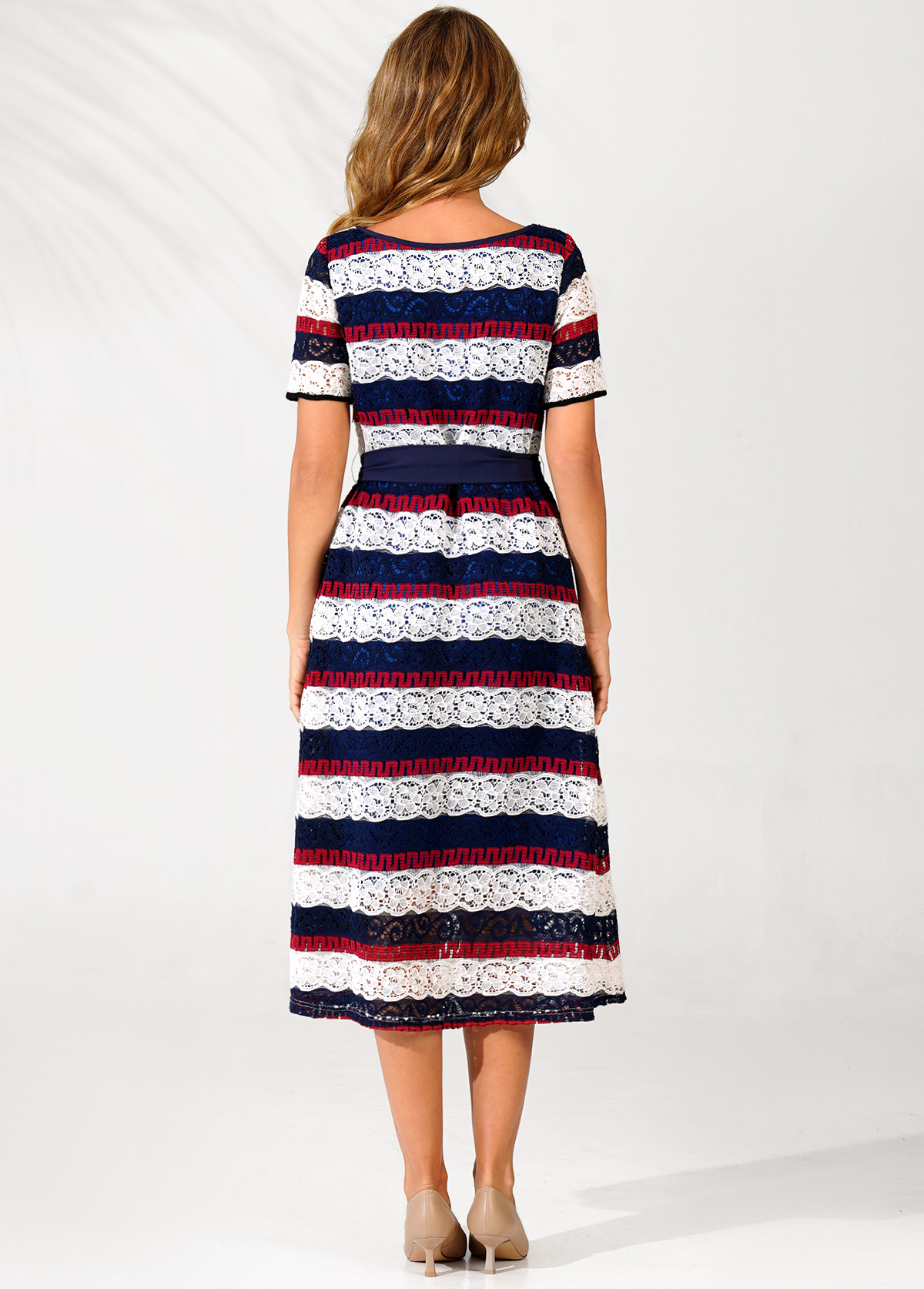 Lace Panel Striped Color Block Belted Dress