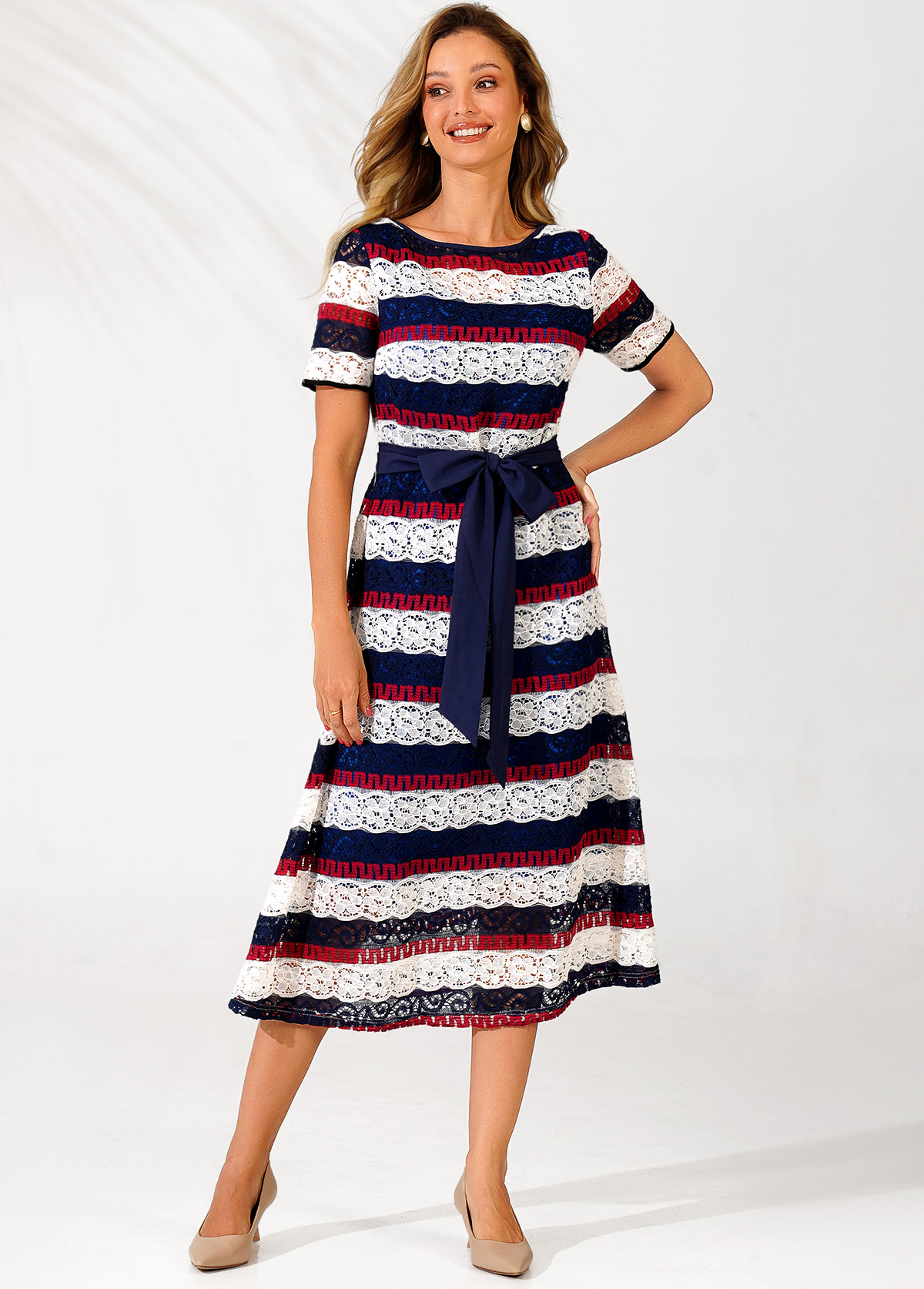 Lace Panel Striped Color Block Belted Dress
