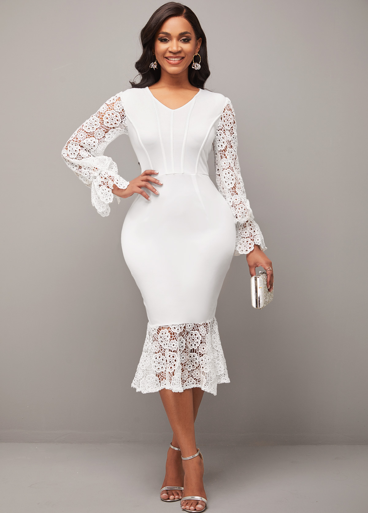 Lace Stitching White V Neck Mermaid Dress