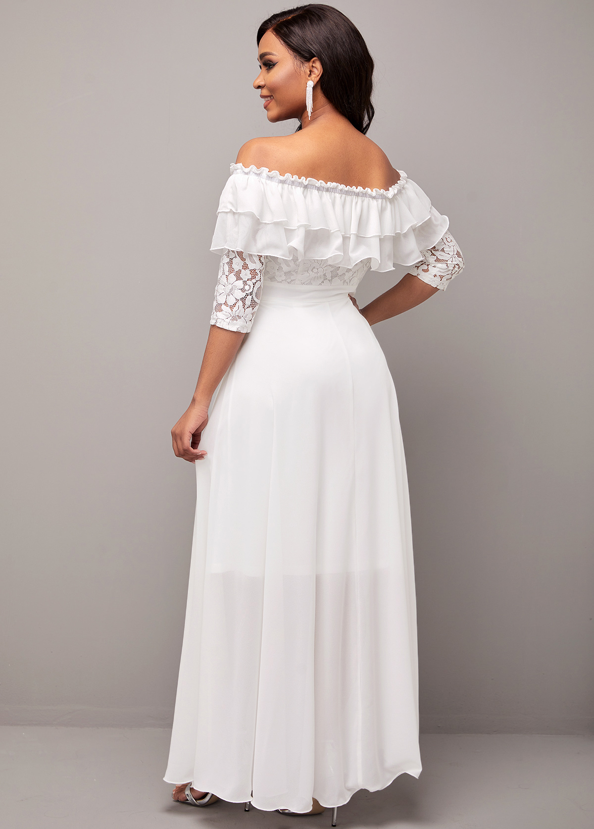 Flounce Lace Stitching White Off Shoulder Dress