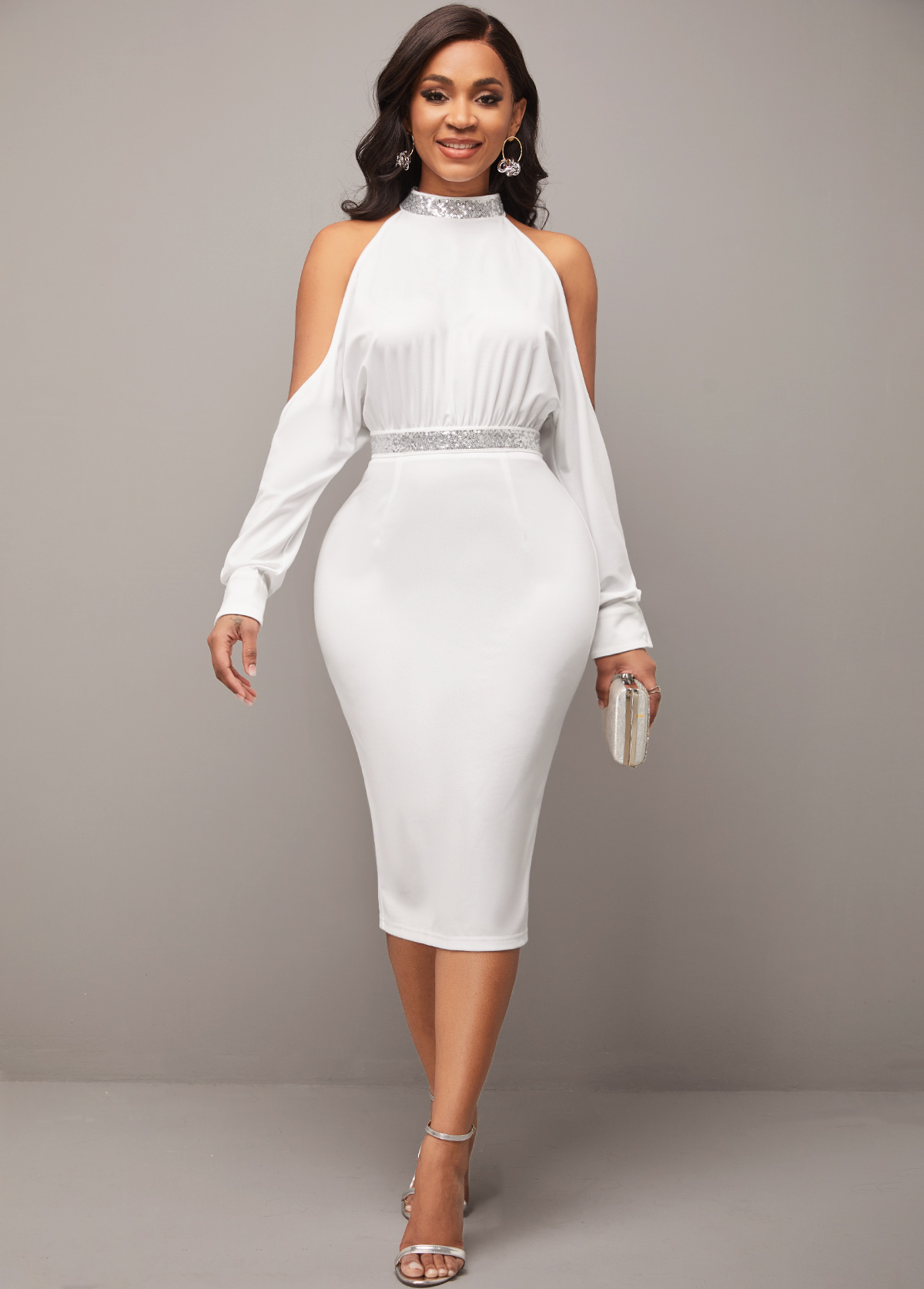 Sequin Long Sleeve Cold Shoulder White Dress