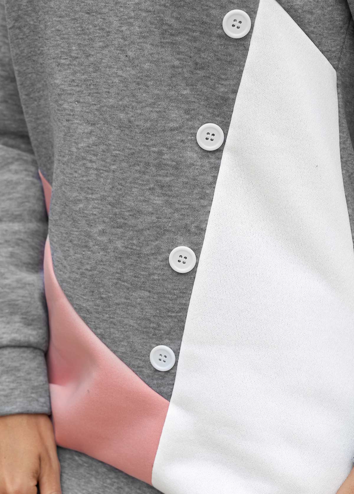 Decorative Button Contrast Long Sleeve Grey Hoodie