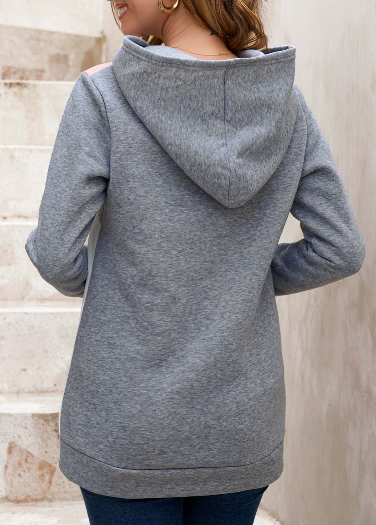 Decorative Button Contrast Long Sleeve Grey Hoodie