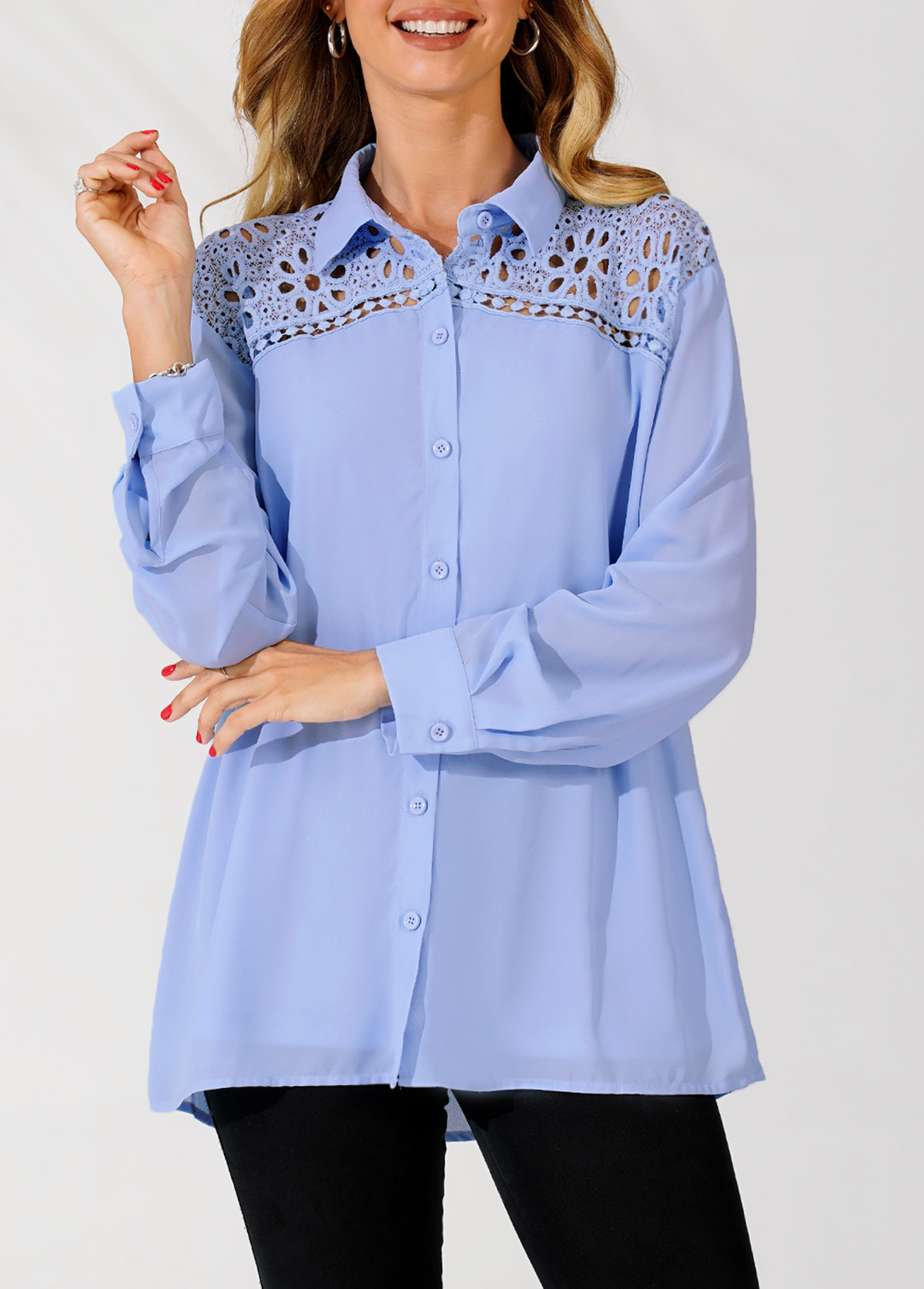 Lace Trim Turndown Collar Long Sleeve Blue Blouse