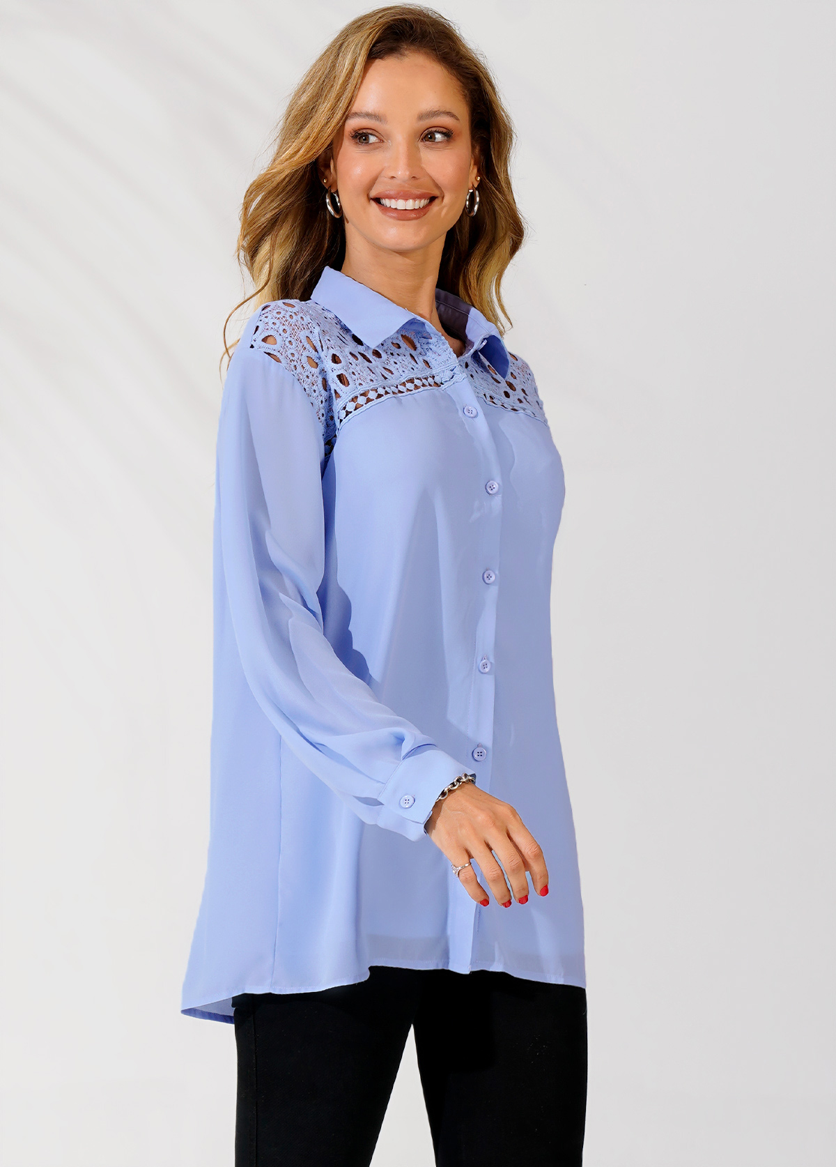 Lace Trim Turndown Collar Long Sleeve Blue Blouse