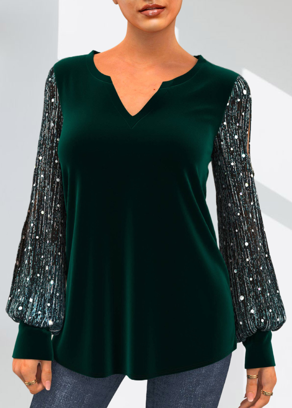 Dark Green Velvet Stitching Split Neck Sequin T Shirt
