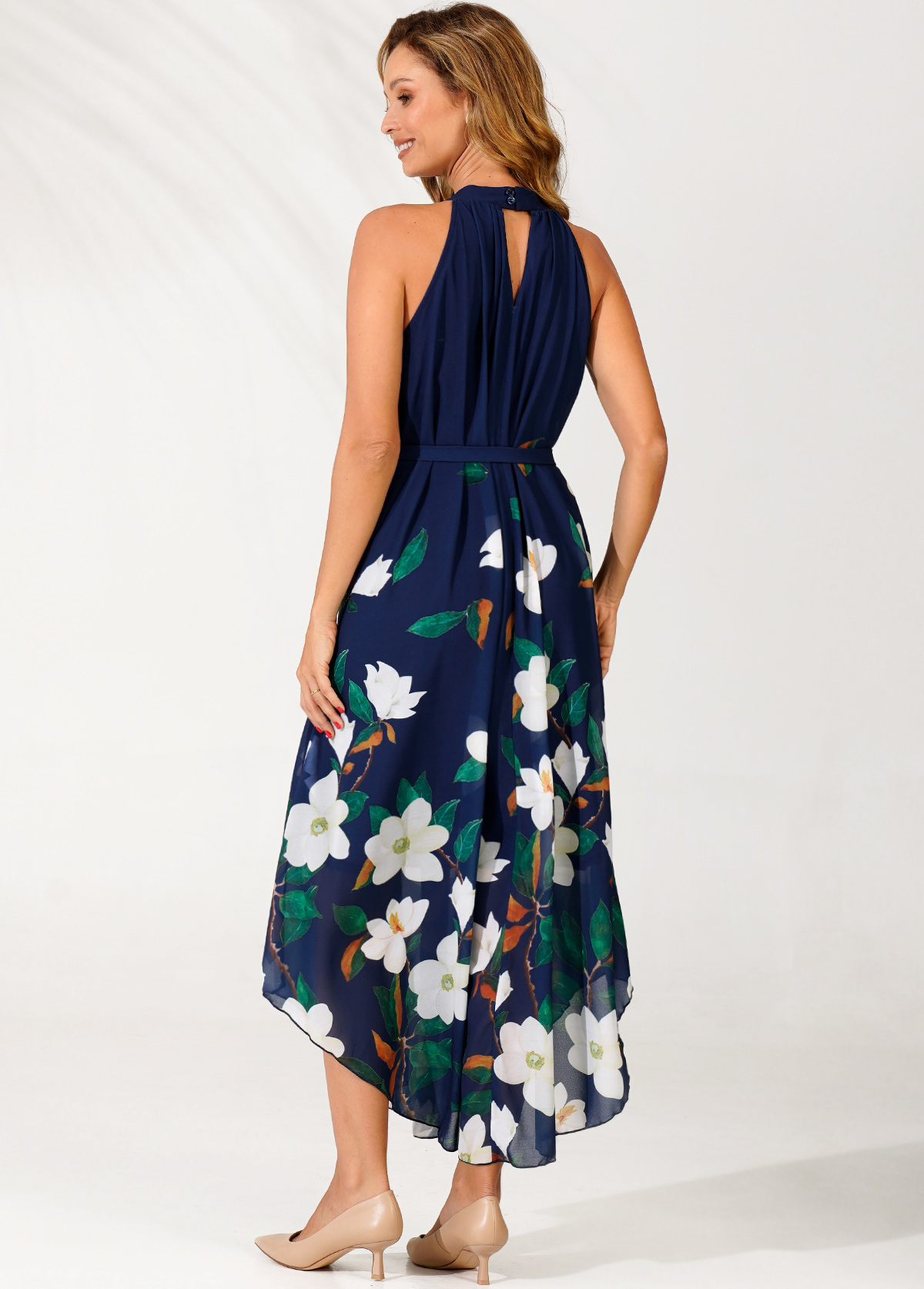 Floral Print Belted Navy Blue Bib Neck Dress