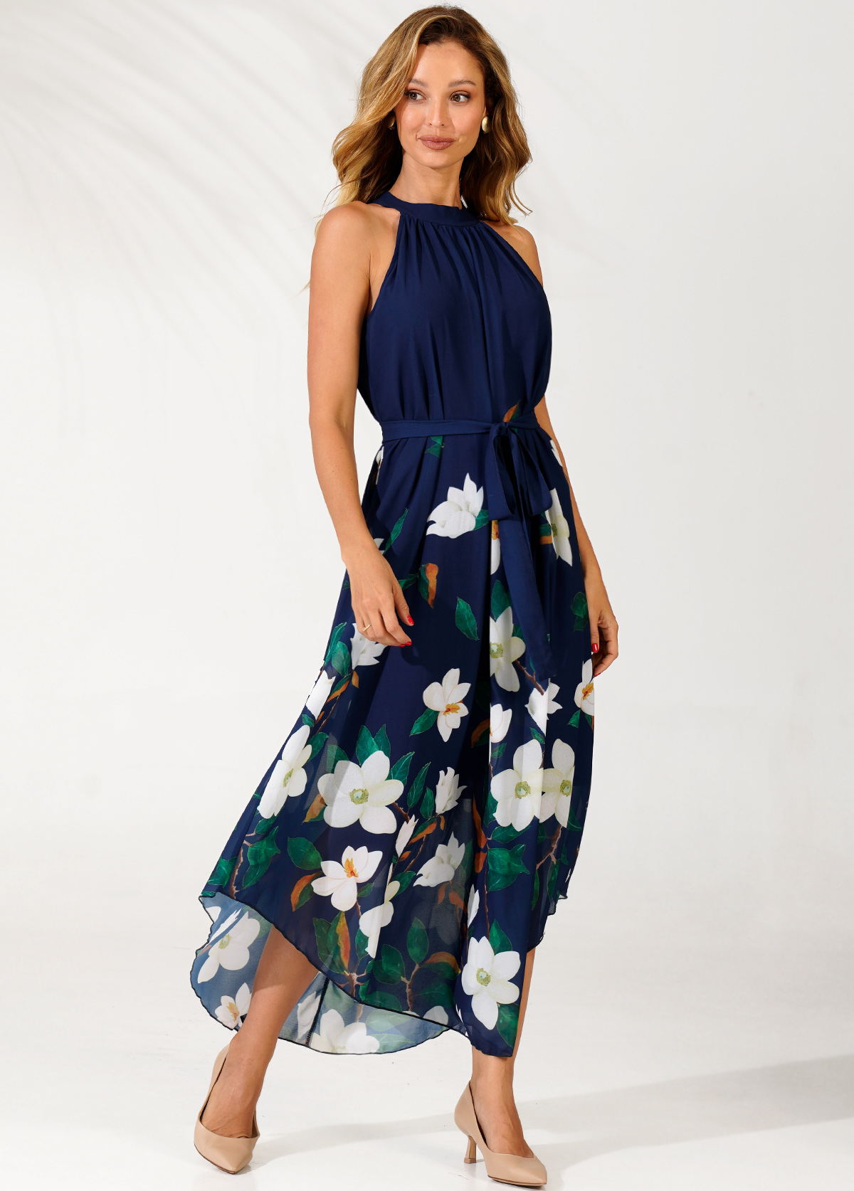 Floral Print Belted Navy Blue Bib Neck Dress