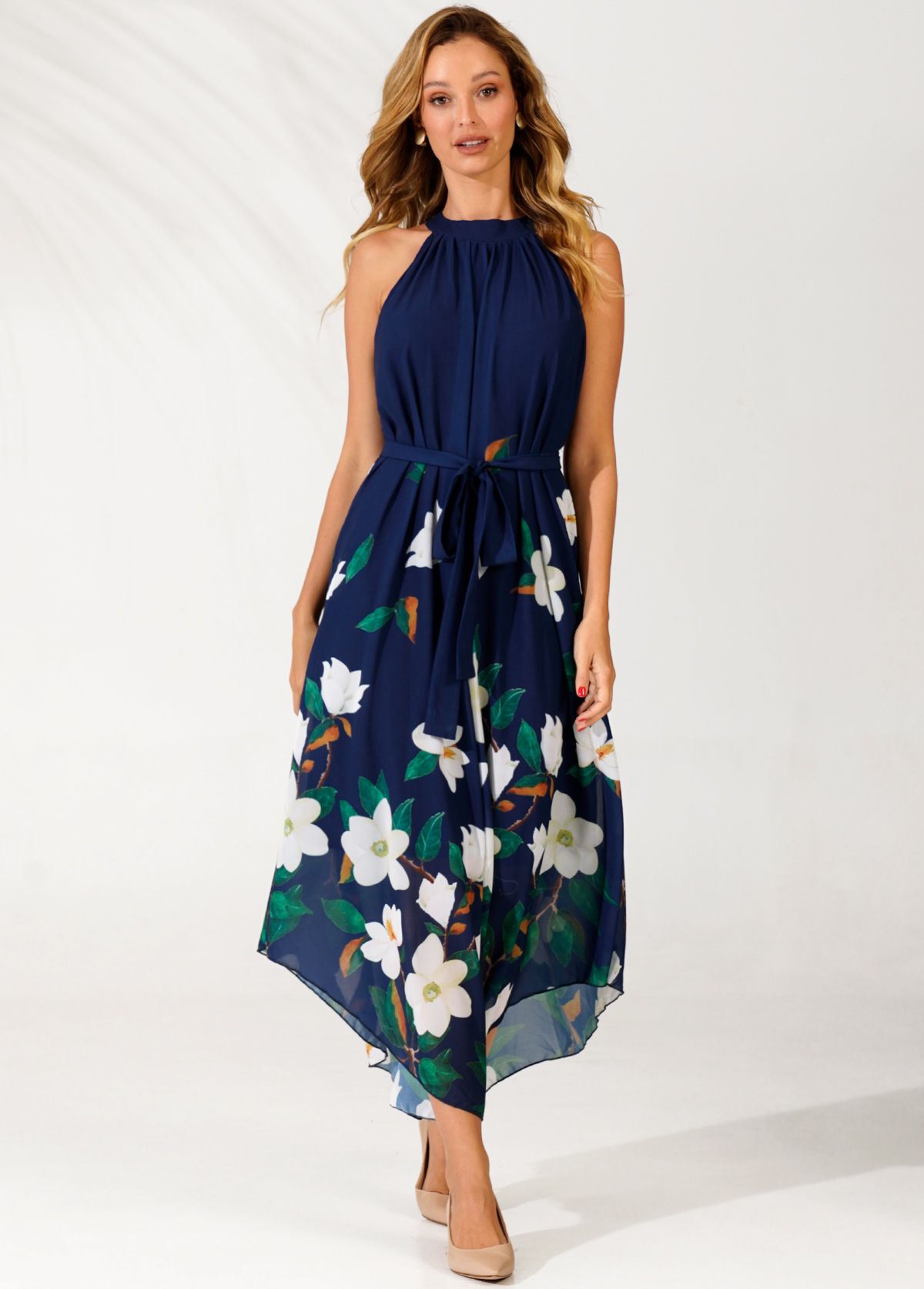 Floral Print Belted Navy Blue Bib Neck Dress