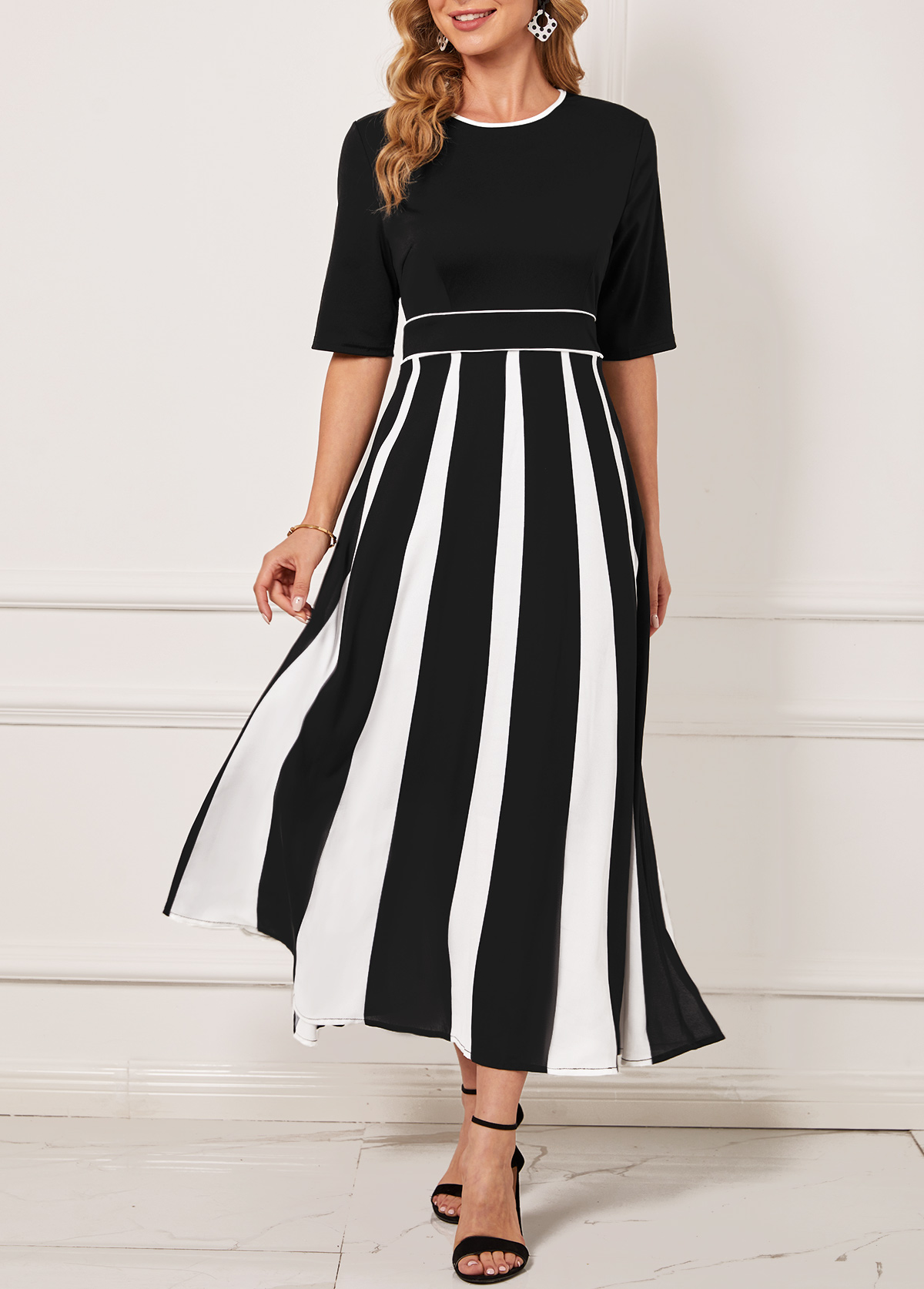 Black Monochrome Stripe Round Neck Dress