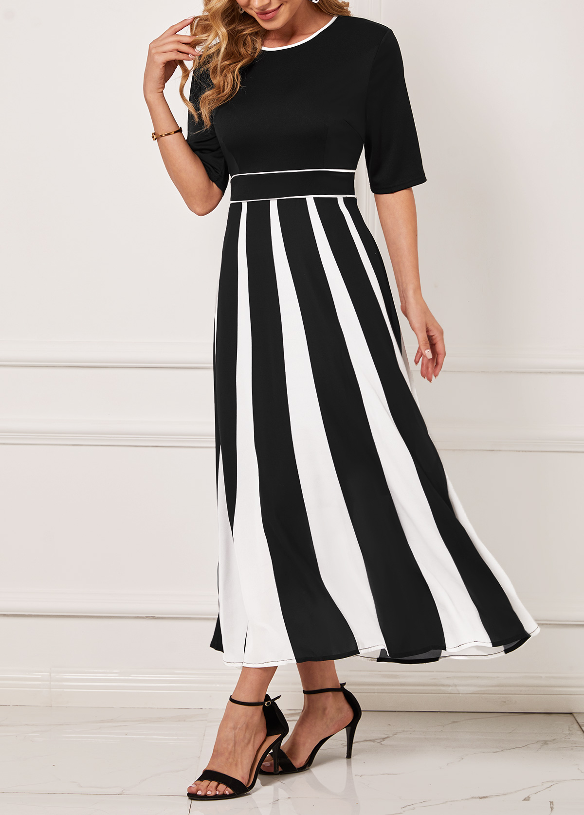 Black Monochrome Stripe Round Neck Dress