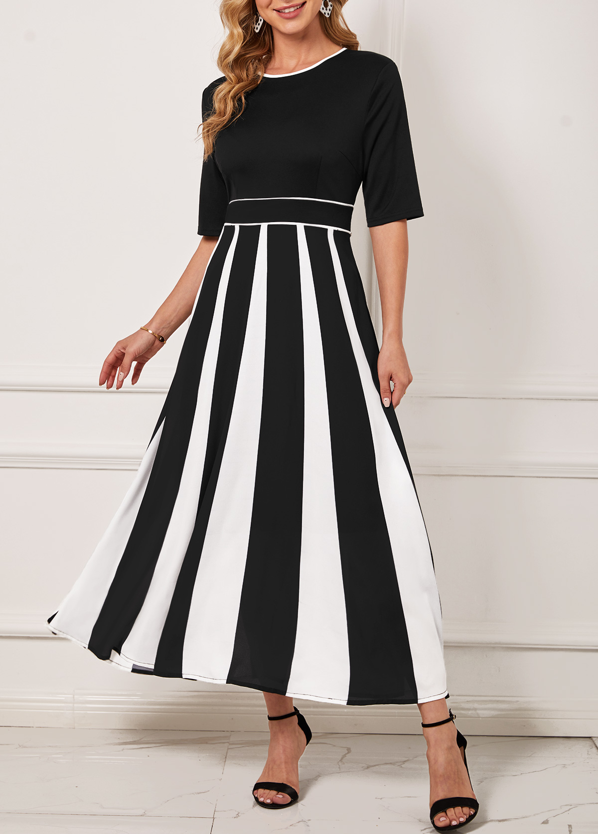 Black Monochrome Stripe Round Neck Dress