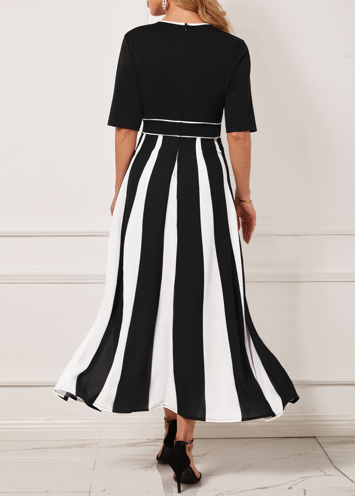 Black Monochrome Stripe Round Neck Dress