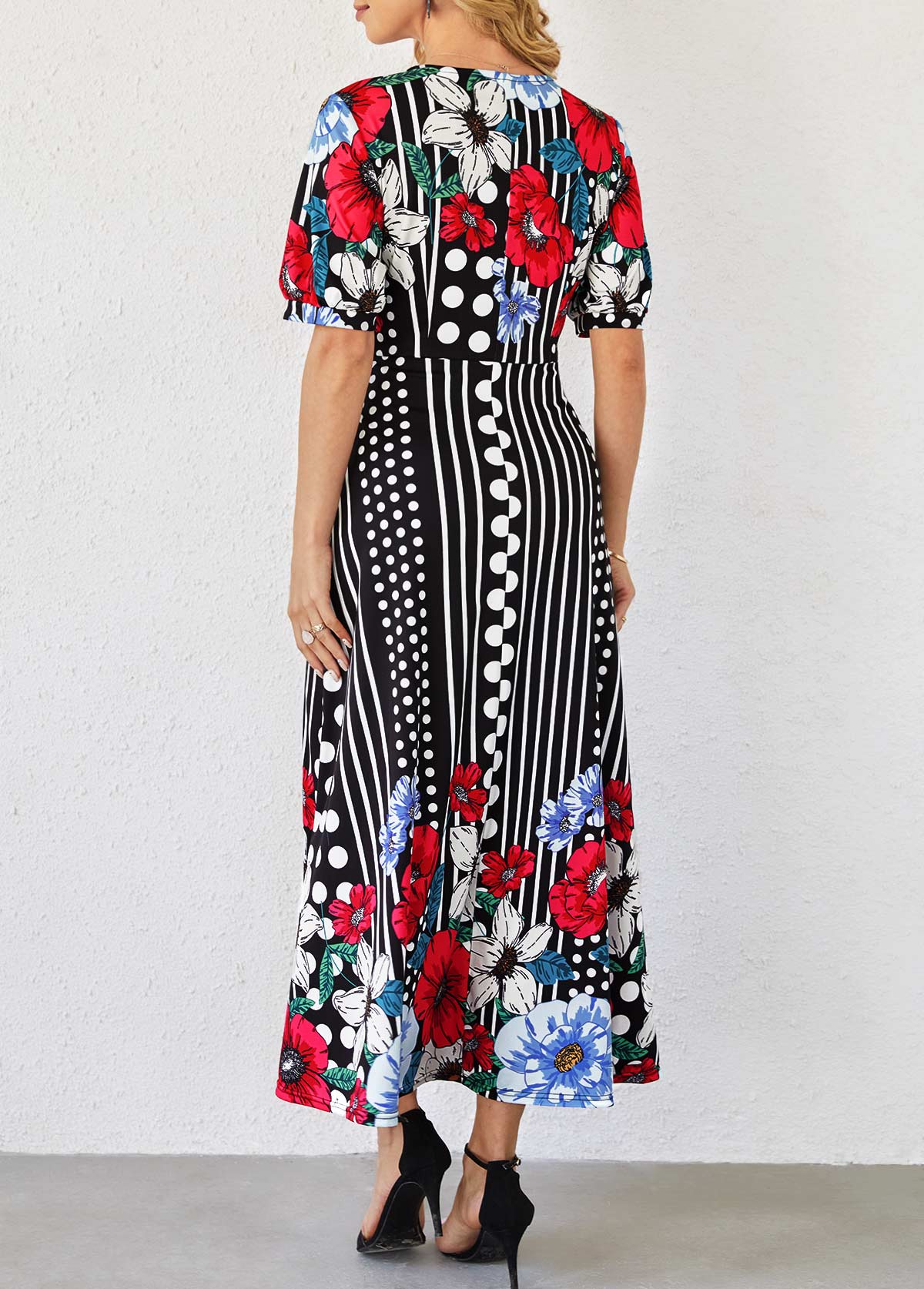 Polka Dot and Floral Print Short Sleeve Dress